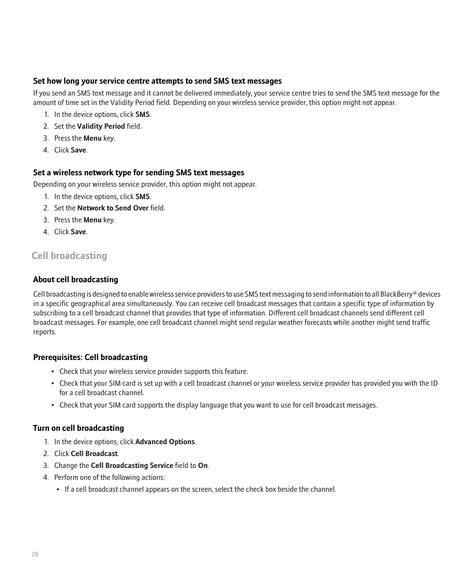 Cell broadcasting | Blackberry Pearl 8120 User Manual | Page 80 / 293