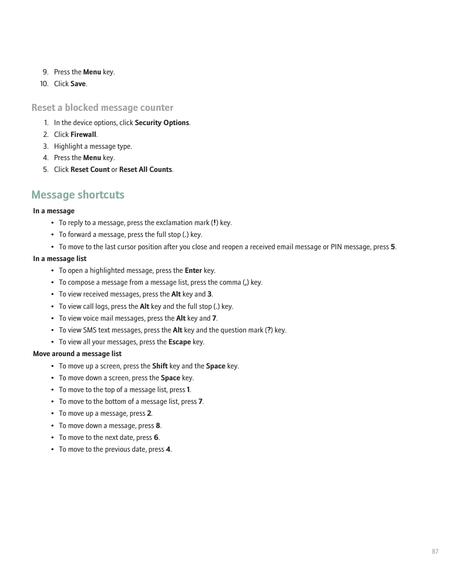 Message shortcuts, Reset a blocked message counter | Blackberry Pearl 8120 User Manual | Page 89 / 293