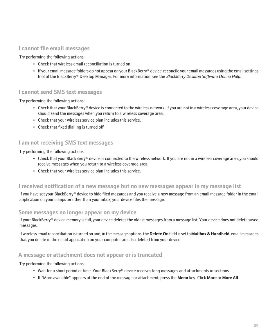 I cannot file email messages, I cannot send sms text messages, I am not receiving sms text messages | Some messages no longer appear on my device | Blackberry Pearl 8120 User Manual | Page 91 / 293