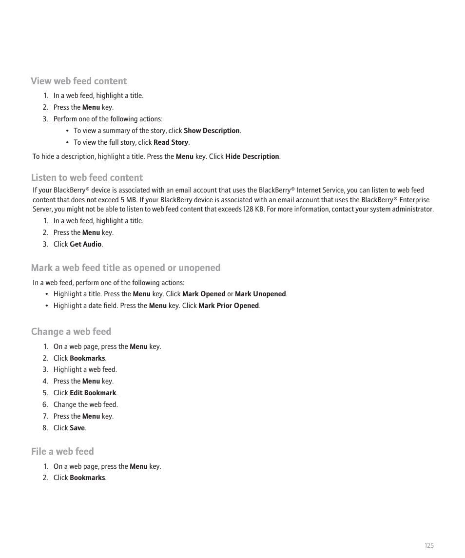 View web feed content, Listen to web feed content, Mark a web feed title as opened or unopened | Change a web feed, File a web feed | Blackberry Global 8830 User Manual | Page 127 / 262