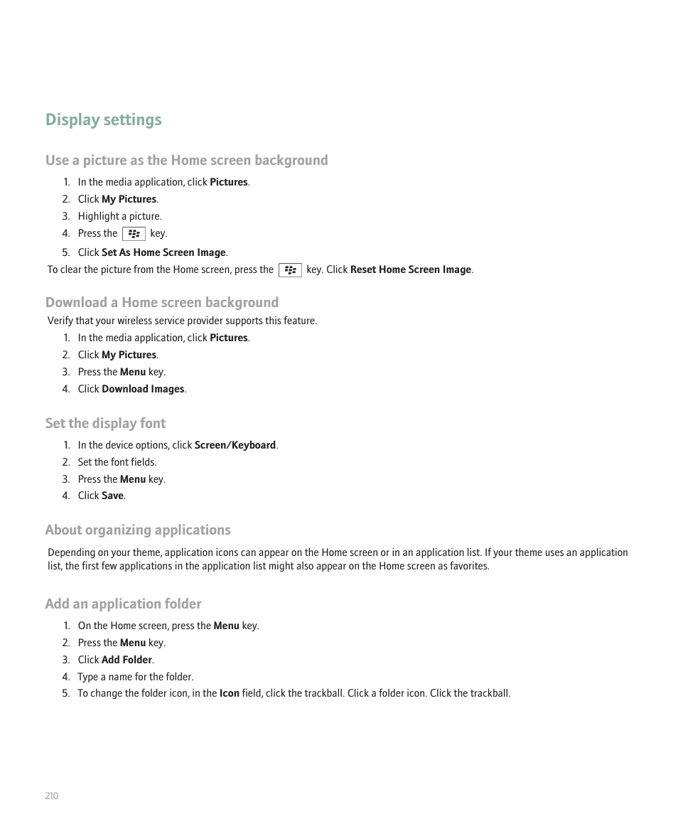Display settings, Use a picture as the home screen background, Download a home screen background | Set the display font, About organizing applications, Add an application folder | Blackberry Global 8830 User Manual | Page 212 / 262