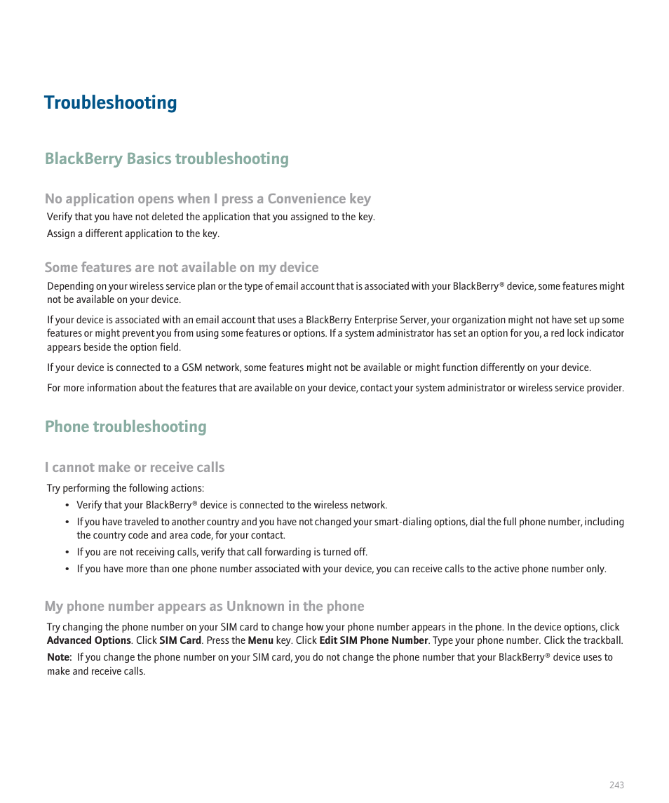 Troubleshooting, Blackberry basics troubleshooting, Phone troubleshooting | Blackberry Global 8830 User Manual | Page 245 / 262