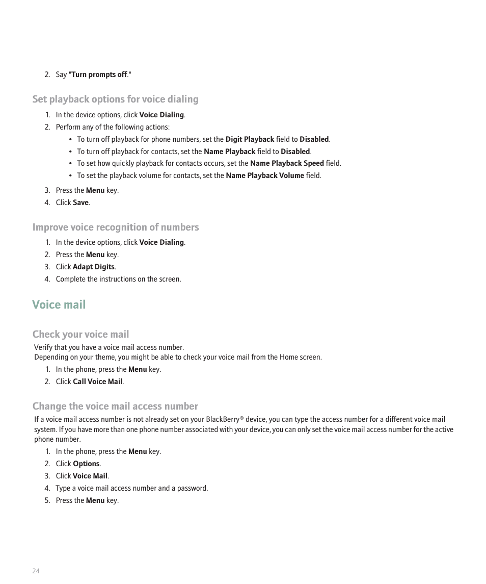 Voice mail, Set playback options for voice dialing, Improve voice recognition of numbers | Check your voice mail, Change the voice mail access number | Blackberry Global 8830 User Manual | Page 26 / 262