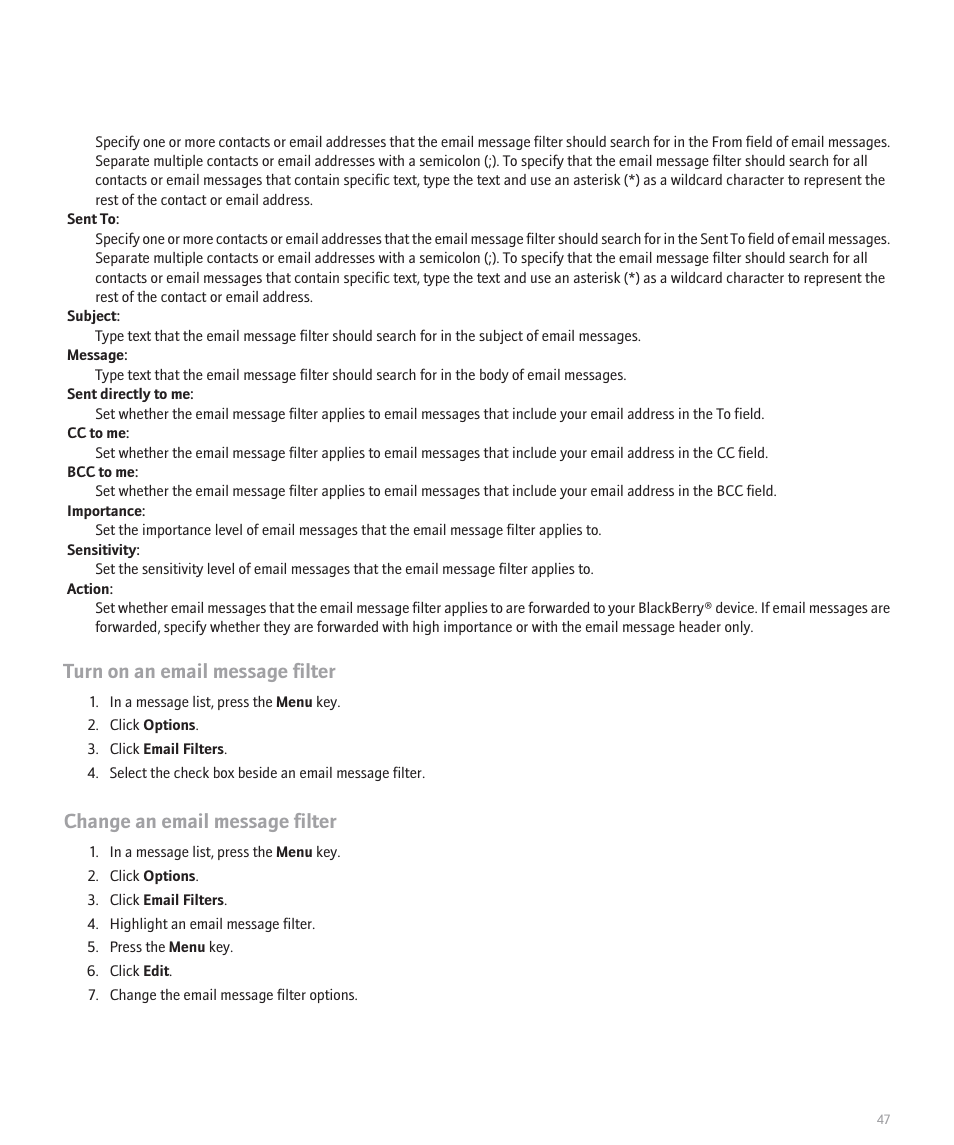 Turn on an email message filter, Change an email message filter | Blackberry Global 8830 User Manual | Page 49 / 262