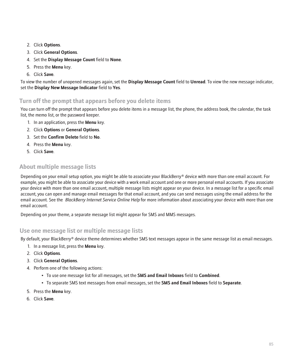 About multiple message lists, Use one message list or multiple message lists | Blackberry Global 8830 User Manual | Page 87 / 262