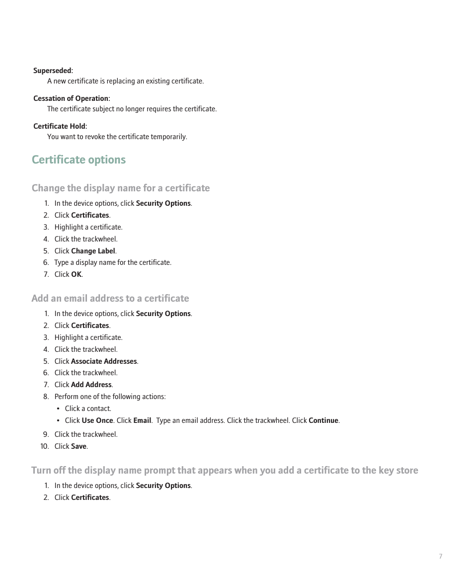 Certificate options, Change the display name for a certificate, Add an email address to a certificate | Blackberry 8700 Series User Manual | Page 9 / 25