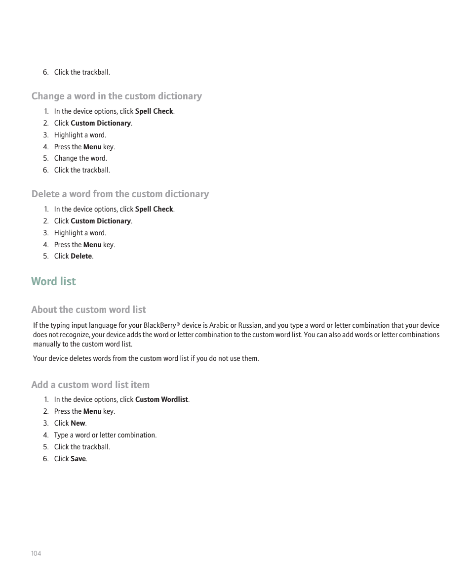 Word list, Change a word in the custom dictionary, Delete a word from the custom dictionary | About the custom word list, Add a custom word list item | Blackberry 8300 User Manual | Page 106 / 270