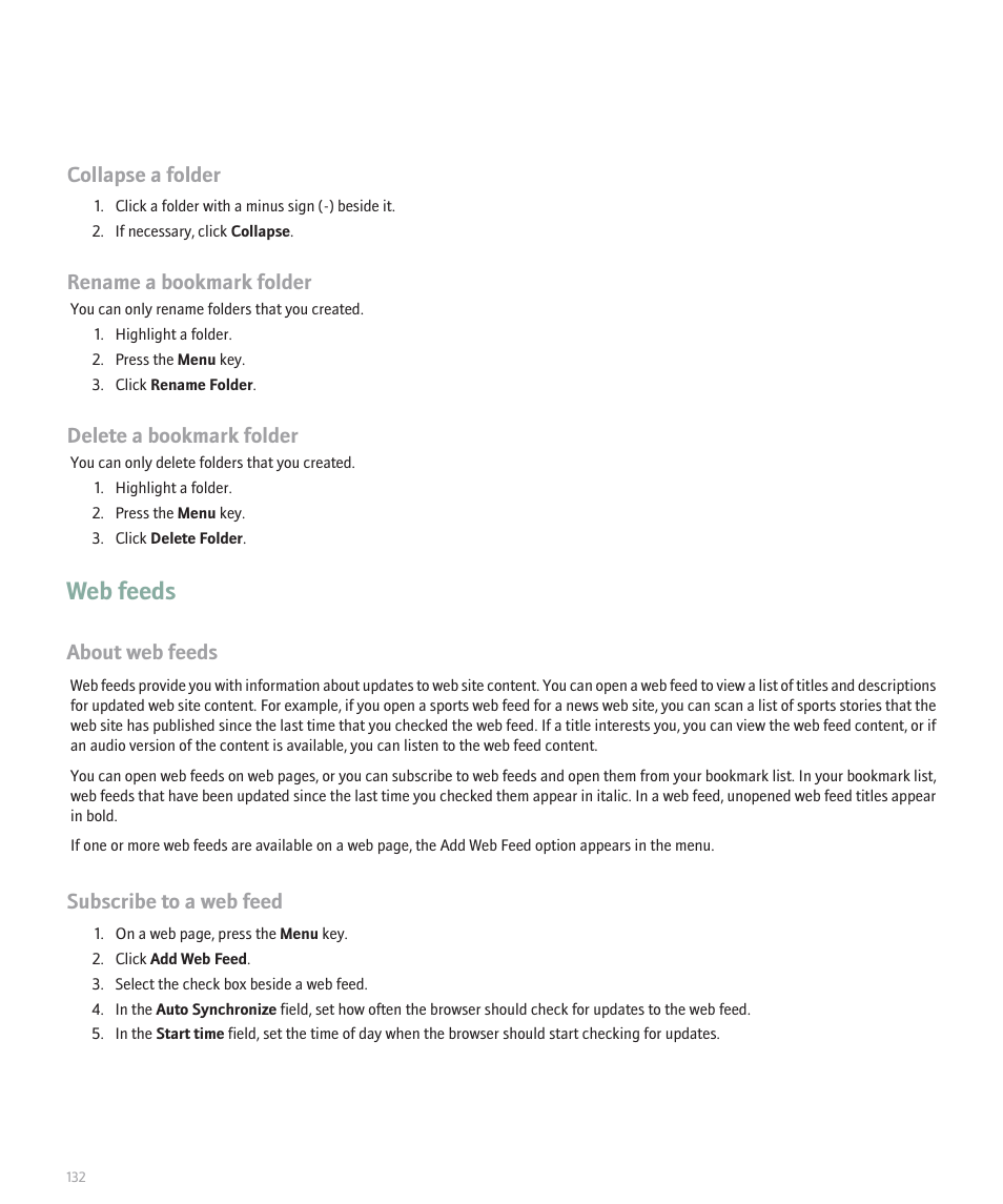 Web feeds, Collapse a folder, Rename a bookmark folder | Delete a bookmark folder, About web feeds, Subscribe to a web feed | Blackberry 8300 User Manual | Page 134 / 270