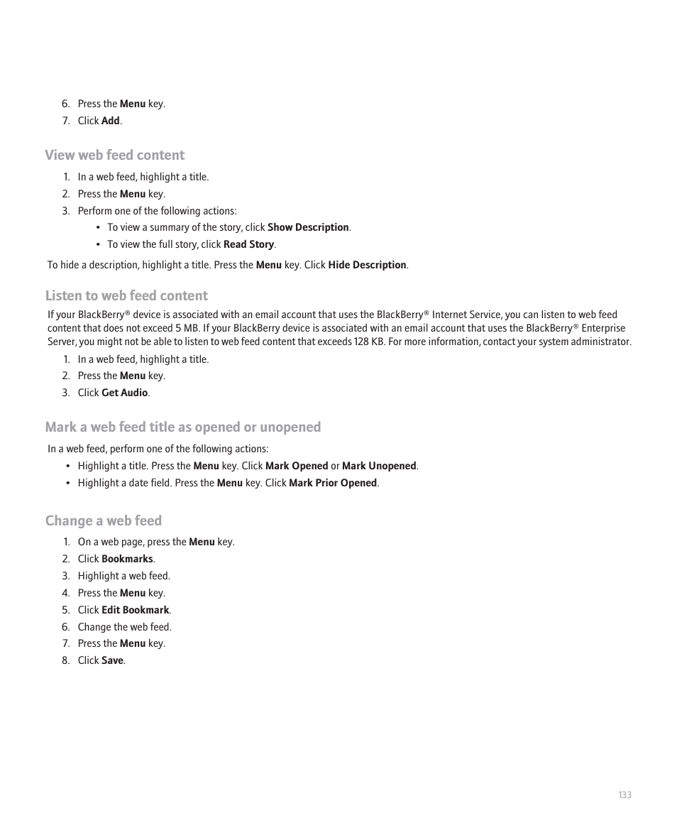 View web feed content, Listen to web feed content, Mark a web feed title as opened or unopened | Change a web feed | Blackberry 8300 User Manual | Page 135 / 270