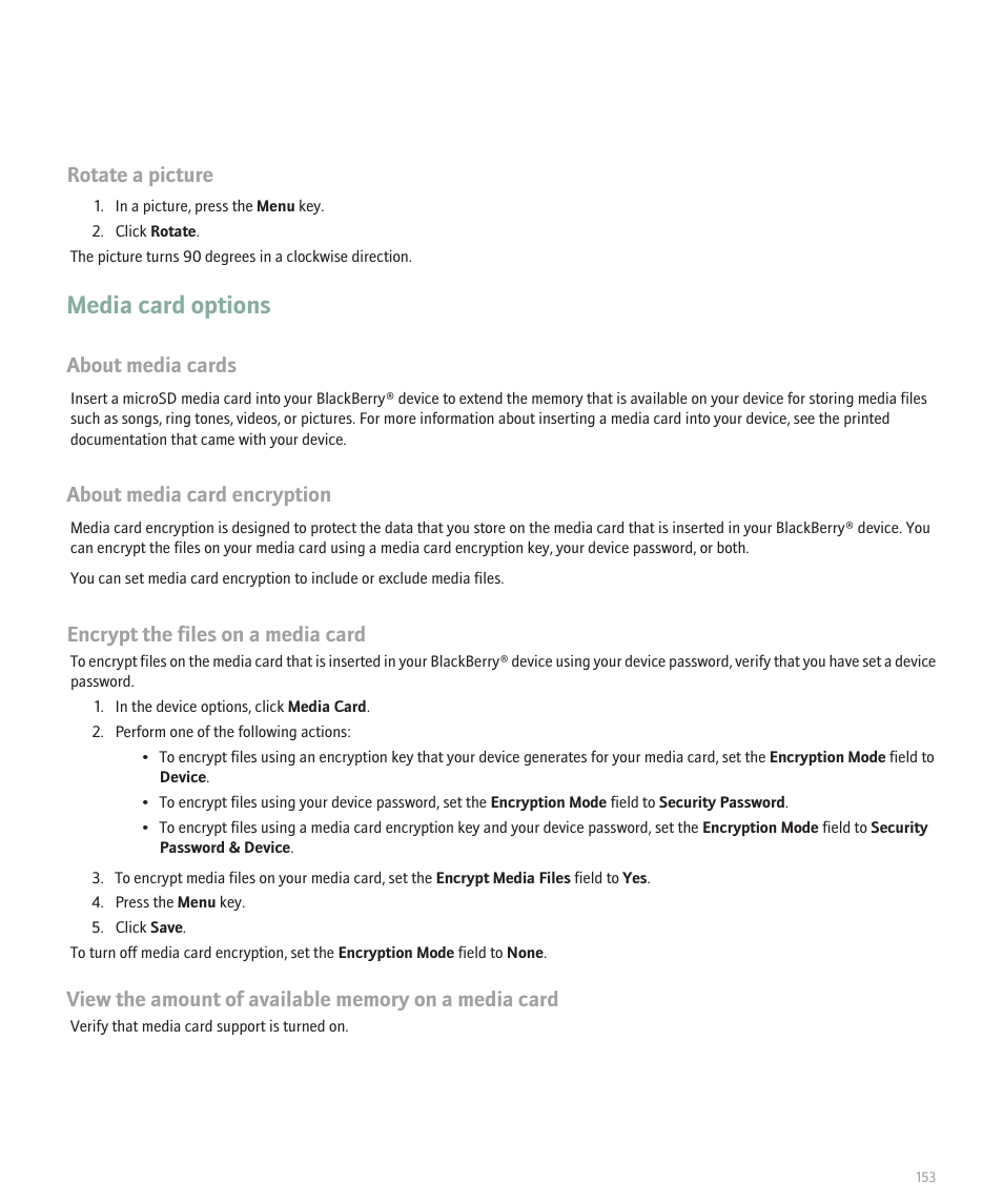 Media card options, Rotate a picture, About media cards | About media card encryption, Encrypt the files on a media card | Blackberry 8300 User Manual | Page 155 / 270