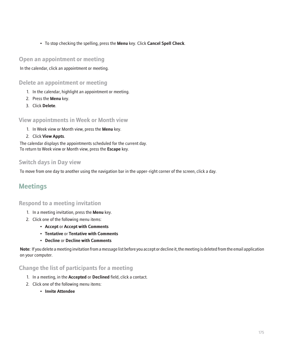 Meetings, Open an appointment or meeting, Delete an appointment or meeting | View appointments in week or month view, Switch days in day view, Respond to a meeting invitation, Change the list of participants for a meeting | Blackberry 8300 User Manual | Page 177 / 270