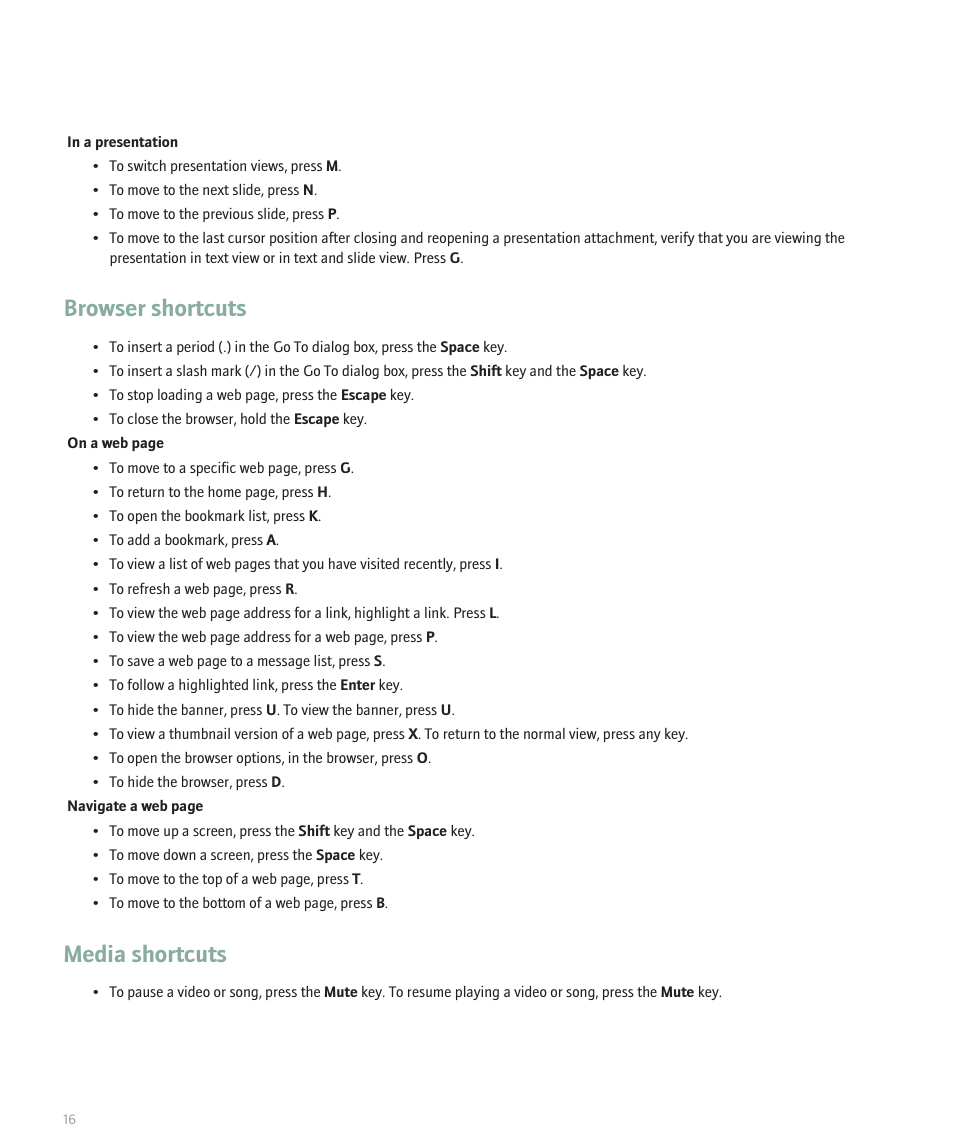 Browser shortcuts, Media shortcuts | Blackberry 8300 User Manual | Page 18 / 270