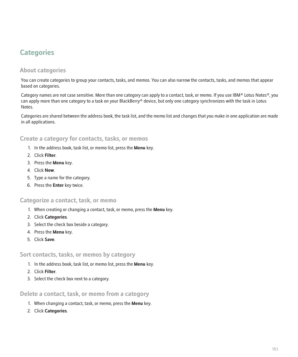 Categories, About categories | Blackberry 8300 User Manual | Page 185 / 270