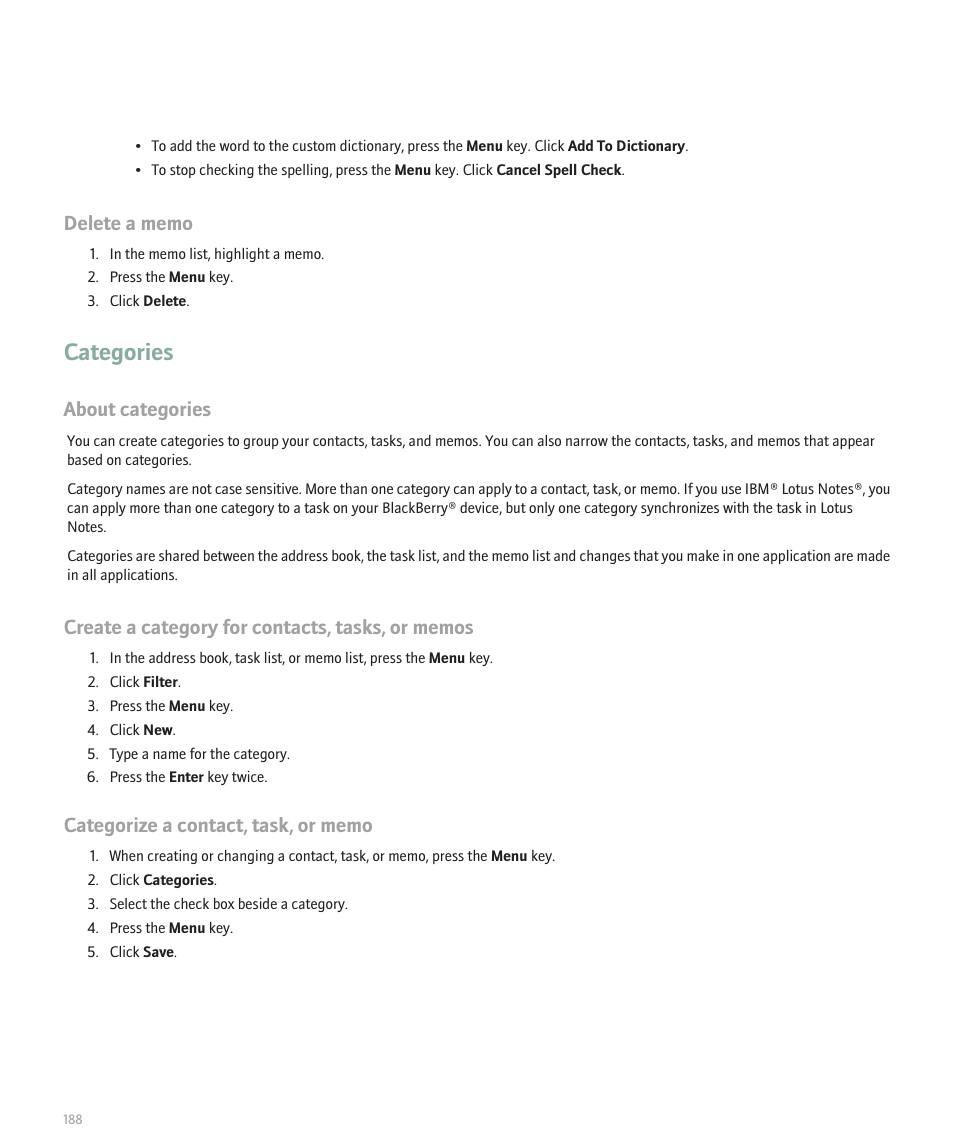 Categories, About categories | Blackberry 8300 User Manual | Page 190 / 270