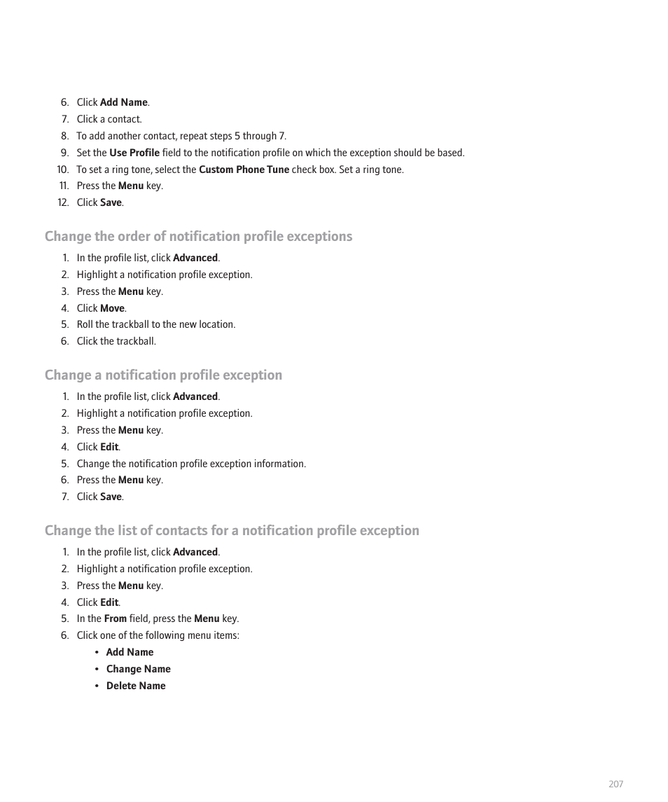 Change a notification profile exception | Blackberry 8300 User Manual | Page 209 / 270