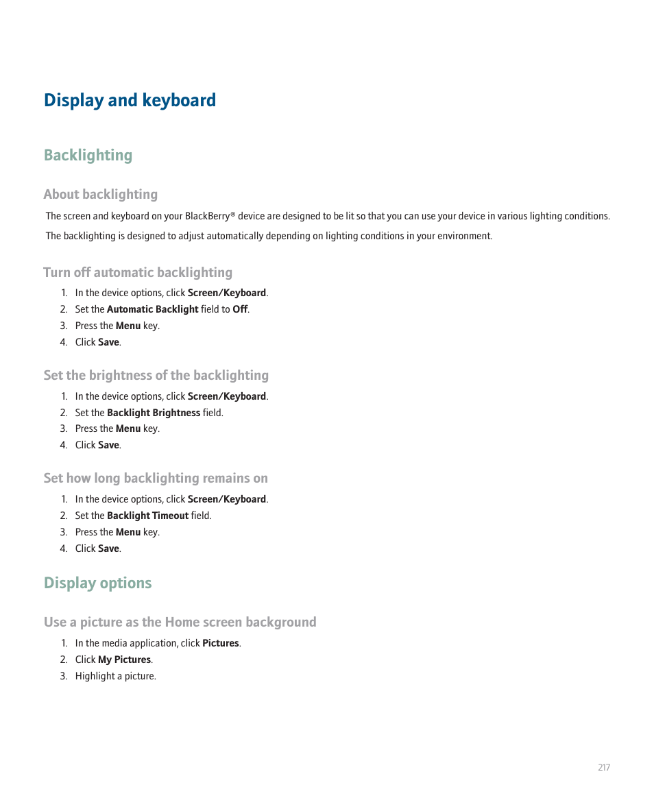 Display and keyboard, Backlighting, Display options | Blackberry 8300 User Manual | Page 219 / 270