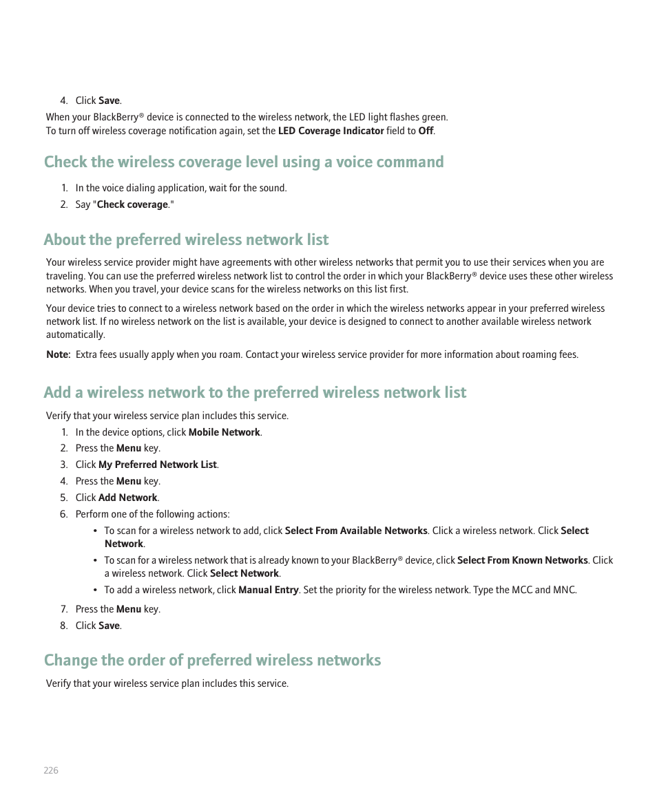 About the preferred wireless network list, Change the order of preferred wireless networks | Blackberry 8300 User Manual | Page 228 / 270