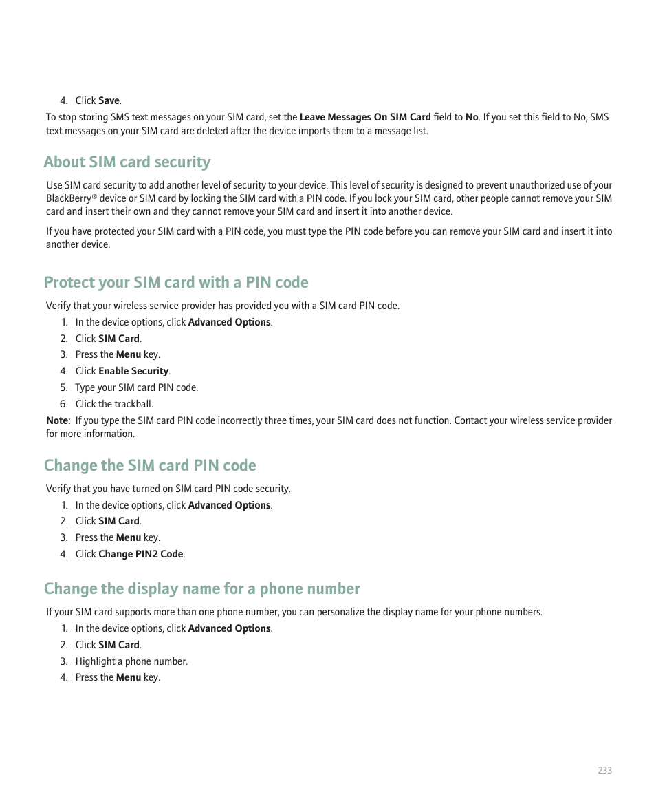 About sim card security, Protect your sim card with a pin code, Change the sim card pin code | Change the display name for a phone number | Blackberry 8300 User Manual | Page 235 / 270