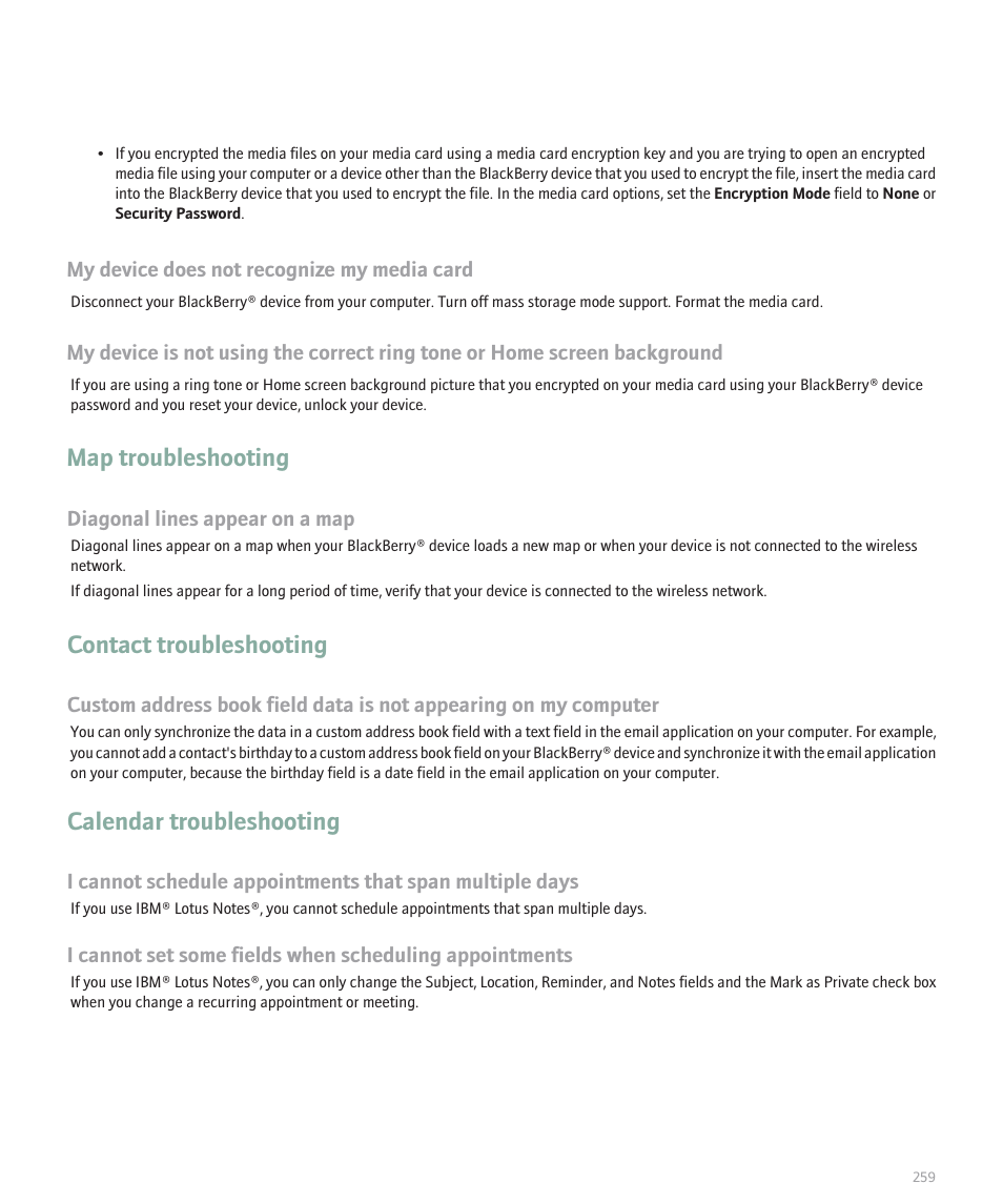 Map troubleshooting, Contact troubleshooting, Calendar troubleshooting | Blackberry 8300 User Manual | Page 261 / 270