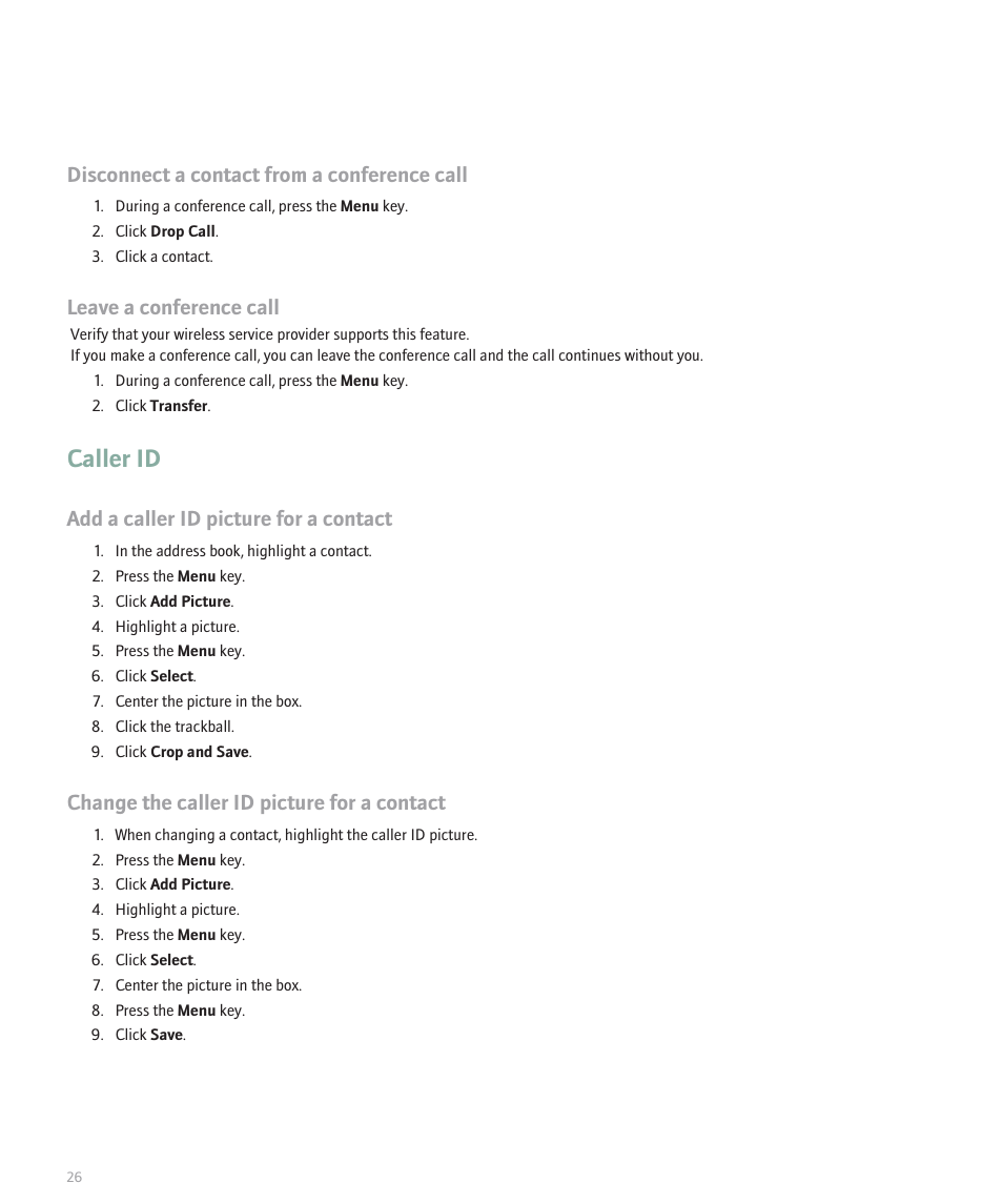 Caller id, Disconnect a contact from a conference call, Leave a conference call | Add a caller id picture for a contact, Change the caller id picture for a contact | Blackberry 8300 User Manual | Page 28 / 270