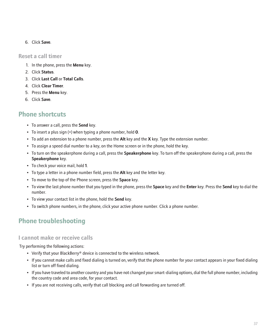 Phone shortcuts, Phone troubleshooting, Reset a call timer | I cannot make or receive calls | Blackberry 8300 User Manual | Page 39 / 270