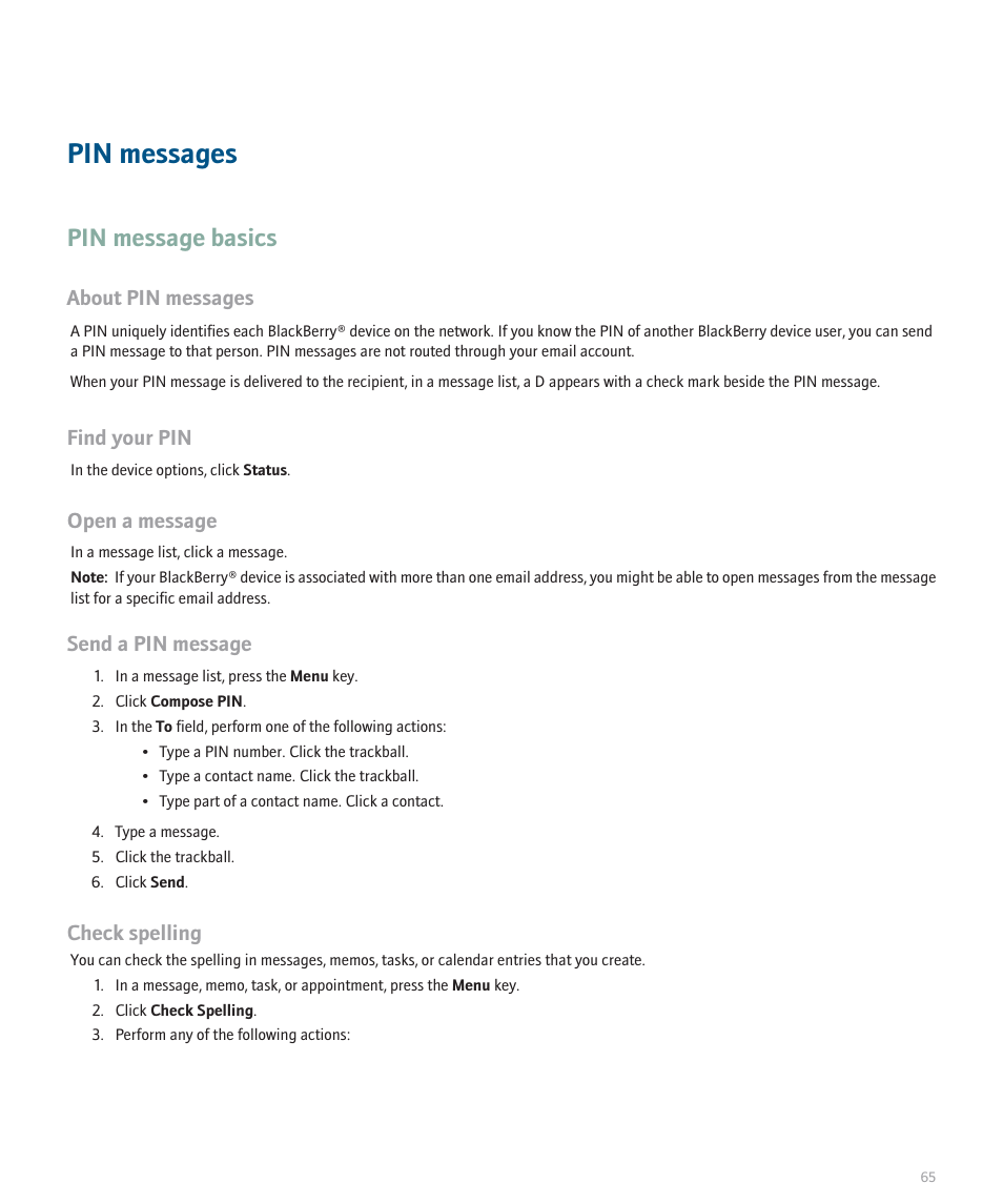 Pin messages, Pin message basics | Blackberry 8300 User Manual | Page 67 / 270