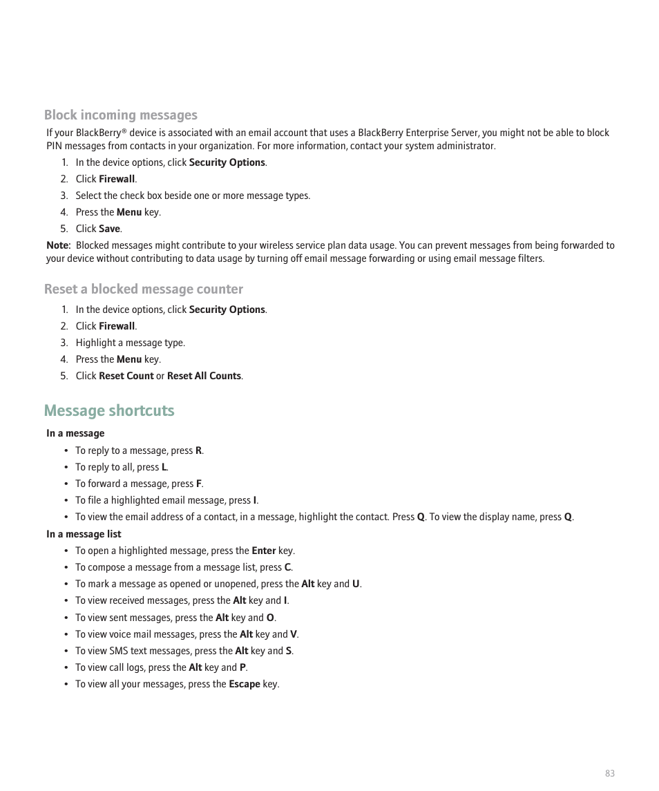 Message shortcuts, Block incoming messages, Reset a blocked message counter | Blackberry 8300 User Manual | Page 85 / 270