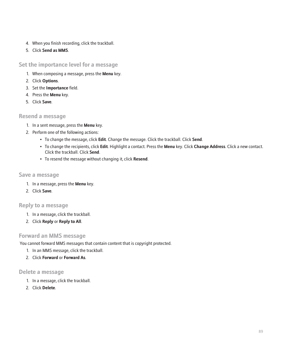 Set the importance level for a message, Resend a message, Save a message | Reply to a message, Forward an mms message, Delete a message | Blackberry 8300 User Manual | Page 91 / 270