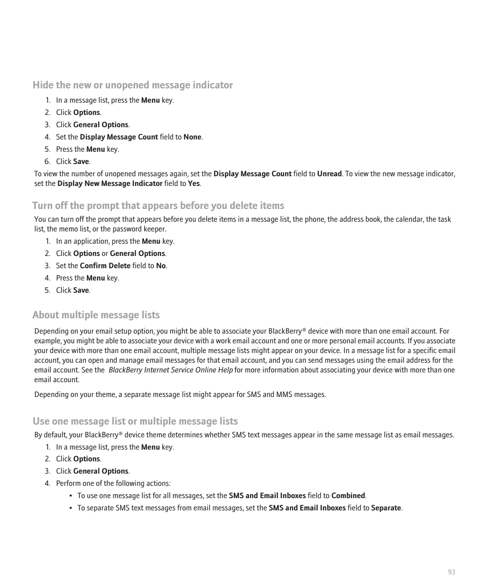 Hide the new or unopened message indicator, About multiple message lists, Use one message list or multiple message lists | Blackberry 8300 User Manual | Page 95 / 270