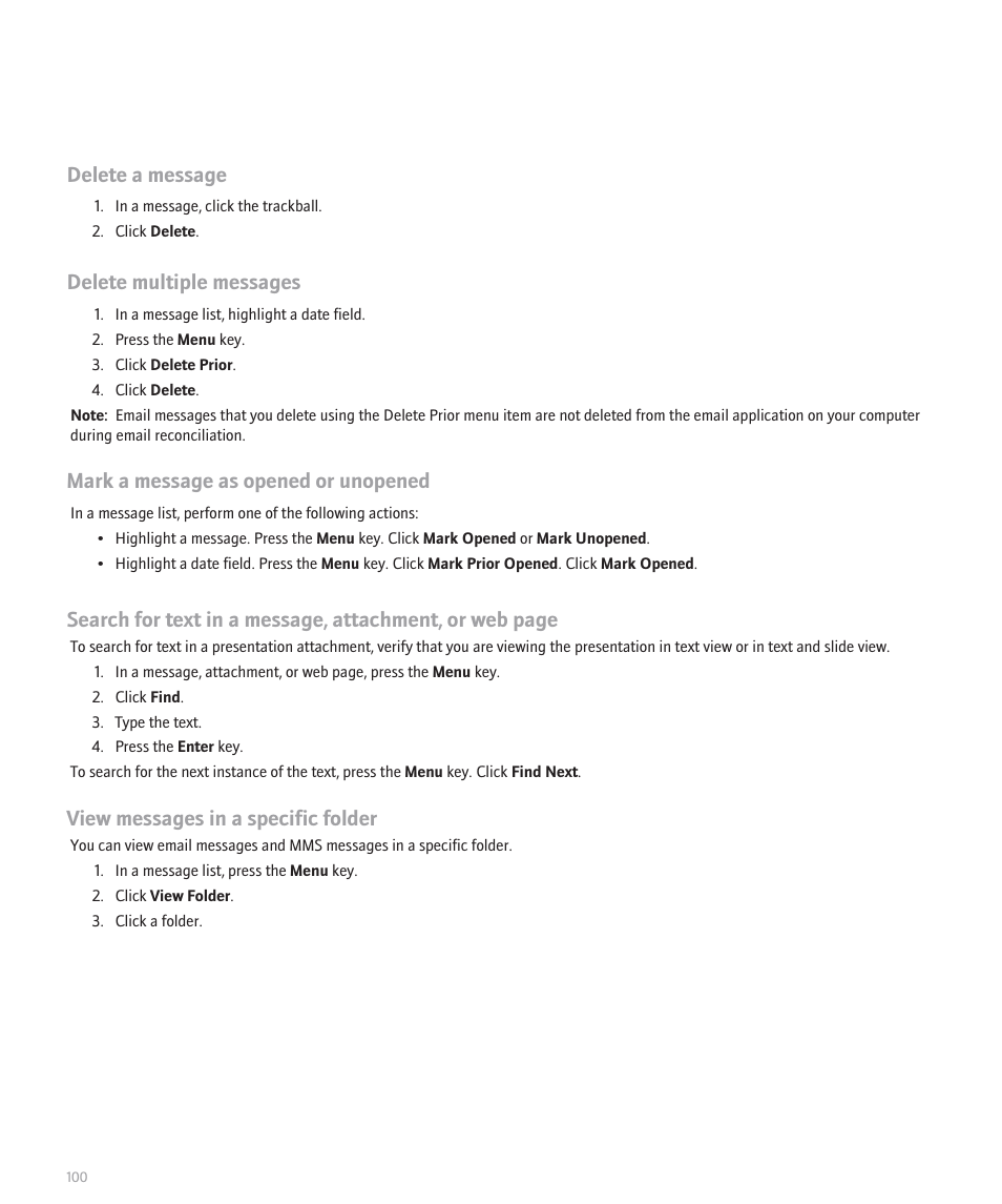 Delete a message, Delete multiple messages, Mark a message as opened or unopened | View messages in a specific folder | Blackberry 8120 User Manual | Page 102 / 302