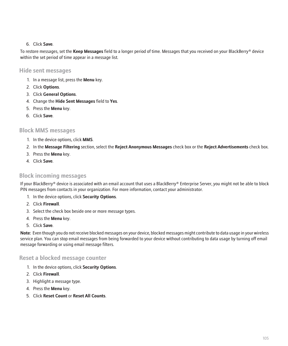 Hide sent messages, Block mms messages, Block incoming messages | Reset a blocked message counter | Blackberry 8120 User Manual | Page 107 / 302