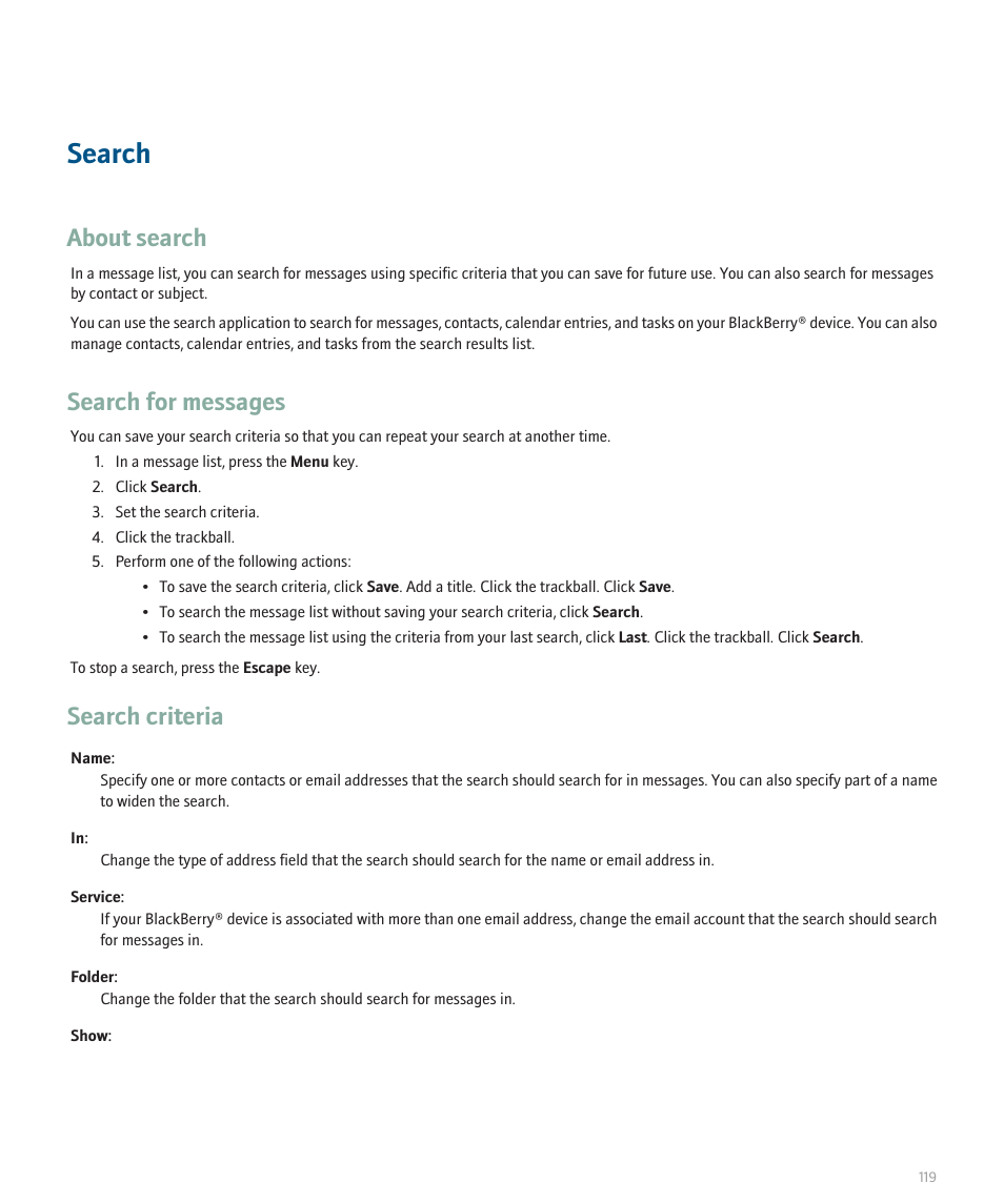 Search, About search, Search for messages | Search criteria | Blackberry 8120 User Manual | Page 121 / 302