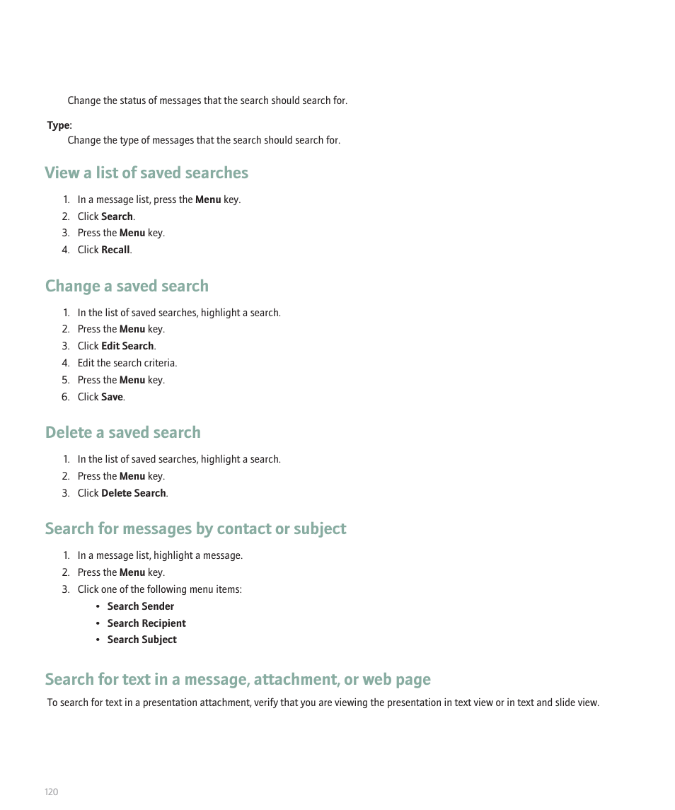 View a list of saved searches, Change a saved search, Delete a saved search | Search for messages by contact or subject | Blackberry 8120 User Manual | Page 122 / 302
