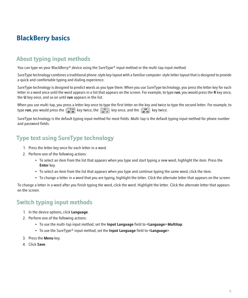 Blackberry basics, About typing input methods, Type text using suretype technology | Switch typing input methods | Blackberry 8120 User Manual | Page 13 / 302