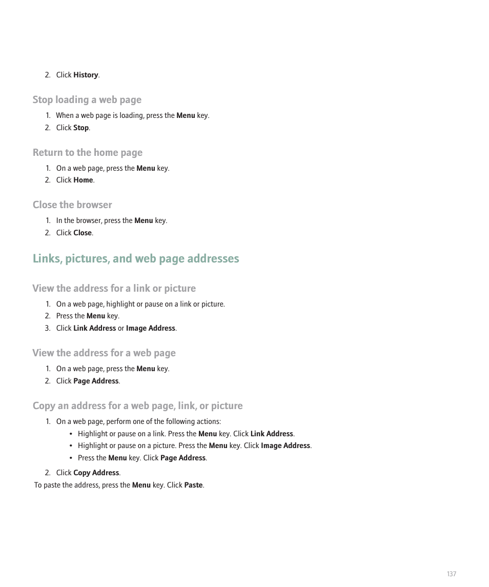 Links, pictures, and web page addresses, Stop loading a web page, Return to the home page | Close the browser, View the address for a link or picture, View the address for a web page, Copy an address for a web page, link, or picture | Blackberry 8120 User Manual | Page 139 / 302