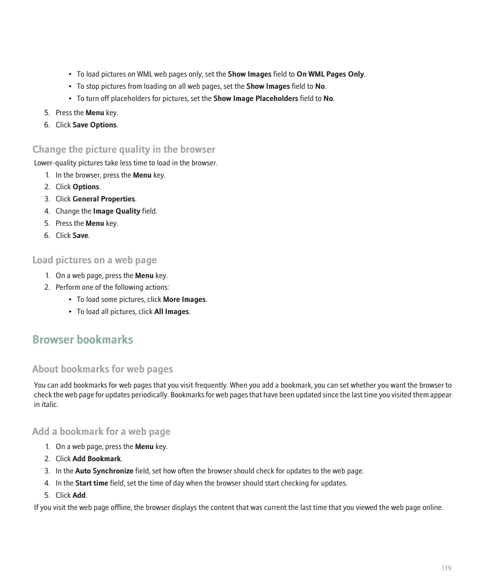 Browser bookmarks, Change the picture quality in the browser, Load pictures on a web page | About bookmarks for web pages, Add a bookmark for a web page | Blackberry 8120 User Manual | Page 141 / 302