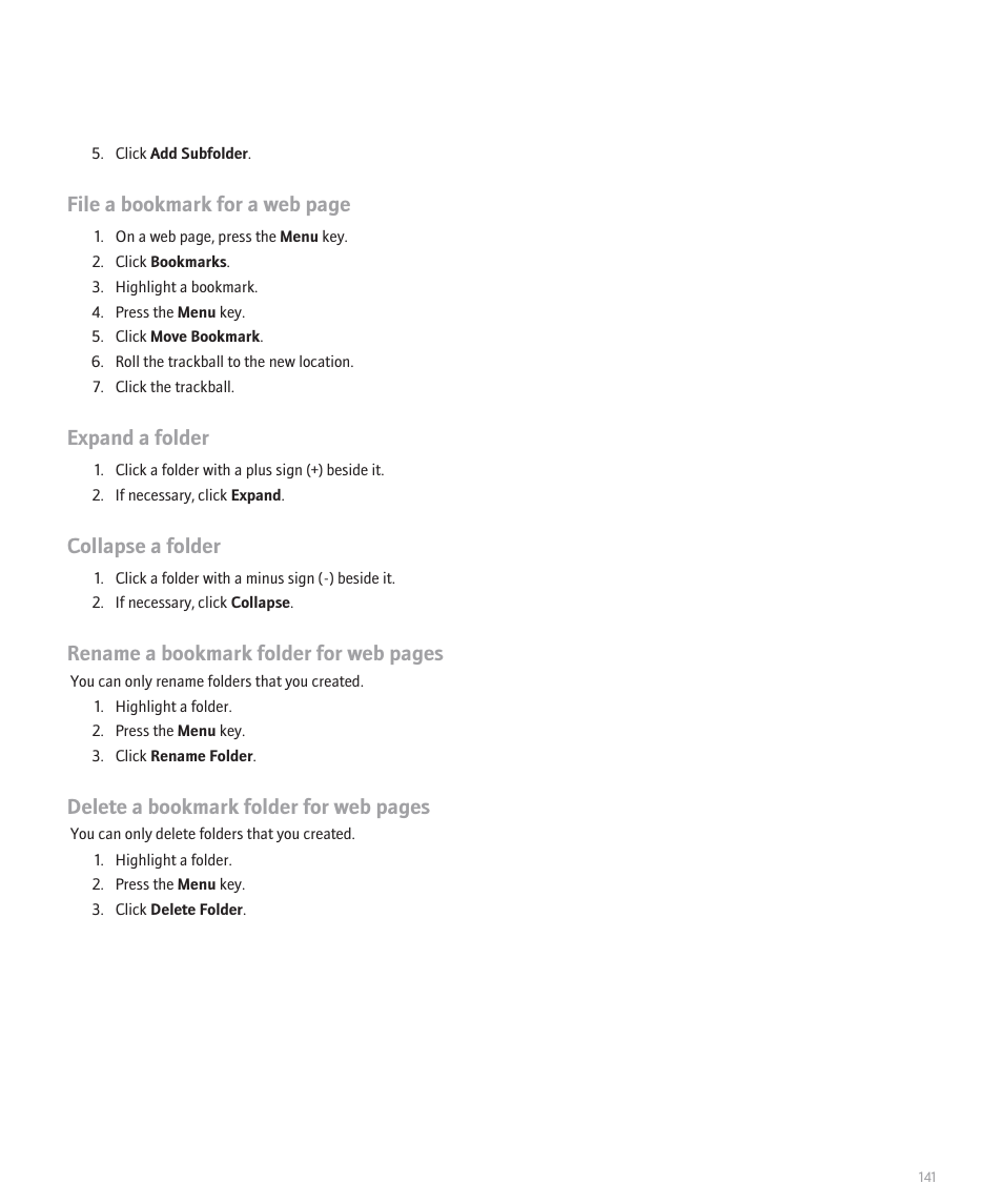 File a bookmark for a web page, Expand a folder, Collapse a folder | Rename a bookmark folder for web pages, Delete a bookmark folder for web pages | Blackberry 8120 User Manual | Page 143 / 302