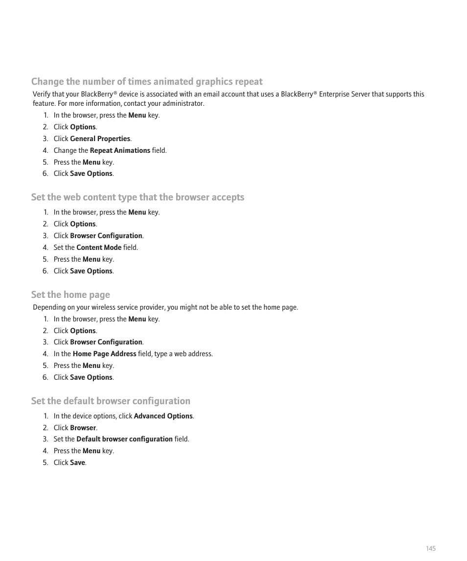 Set the web content type that the browser accepts, Set the home page, Set the default browser configuration | Blackberry 8120 User Manual | Page 147 / 302