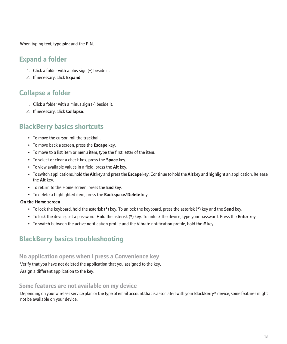 Expand a folder, Collapse a folder, Blackberry basics shortcuts | Blackberry basics troubleshooting, Some features are not available on my device | Blackberry 8120 User Manual | Page 15 / 302