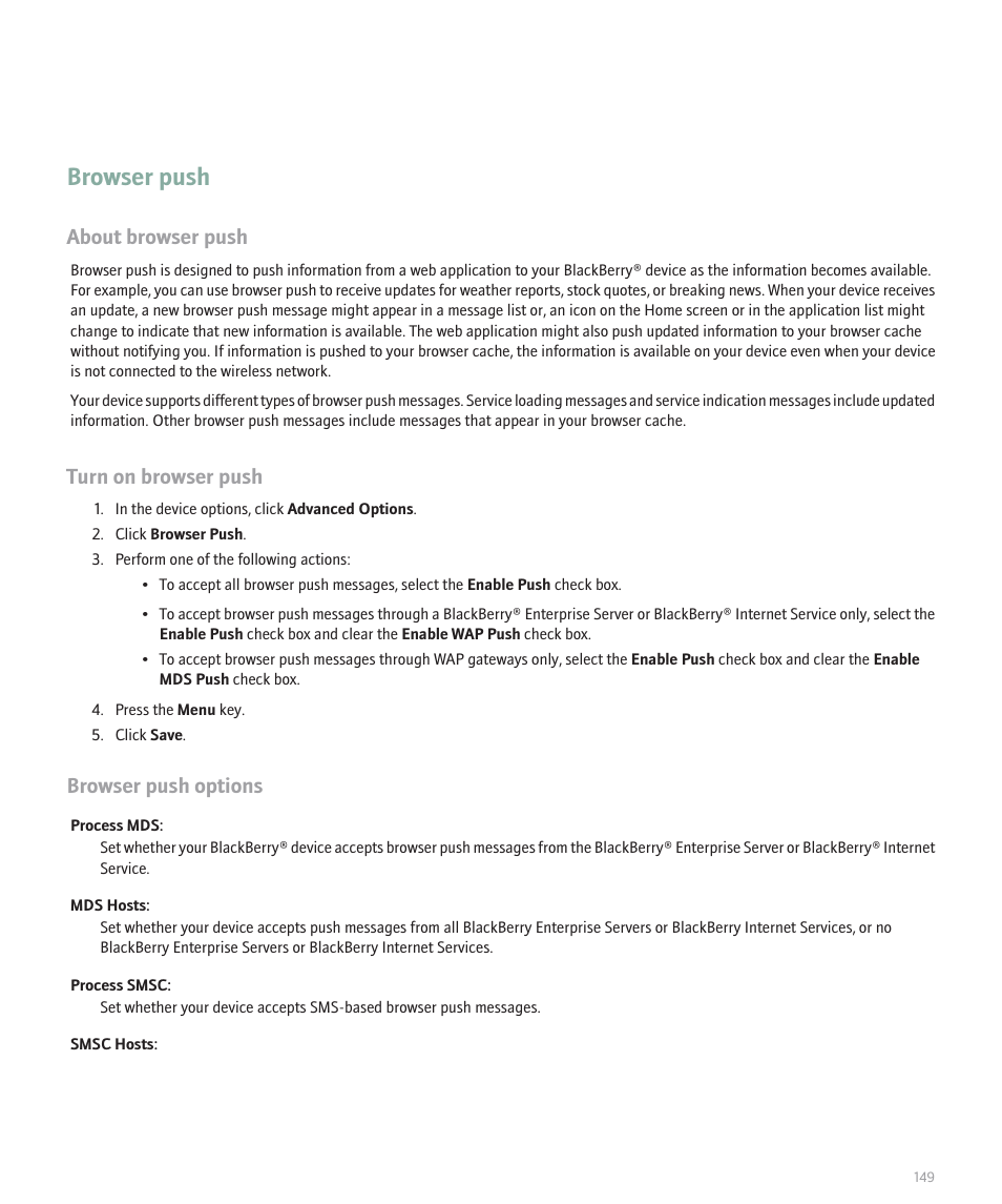 Browser push, About browser push, Turn on browser push | Browser push options | Blackberry 8120 User Manual | Page 151 / 302