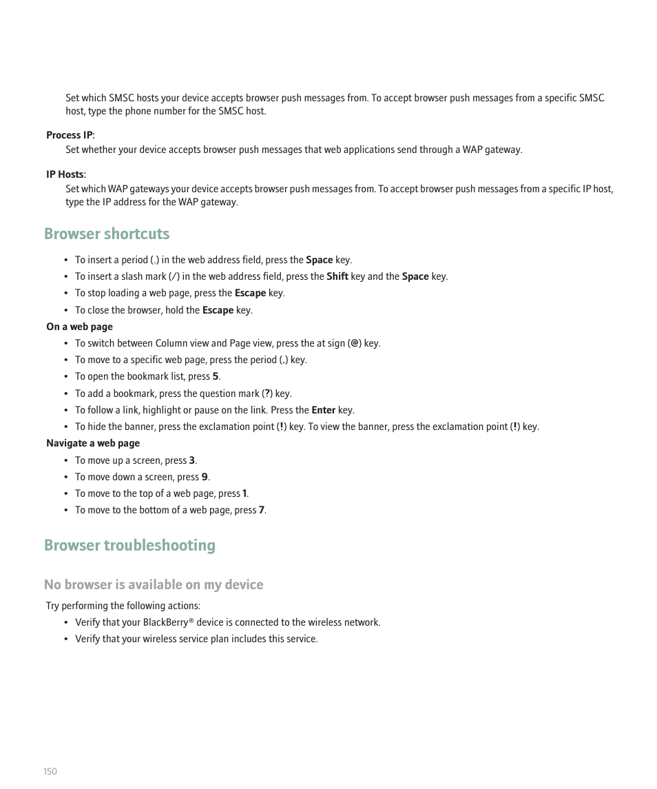 Browser shortcuts, Browser troubleshooting, No browser is available on my device | Blackberry 8120 User Manual | Page 152 / 302