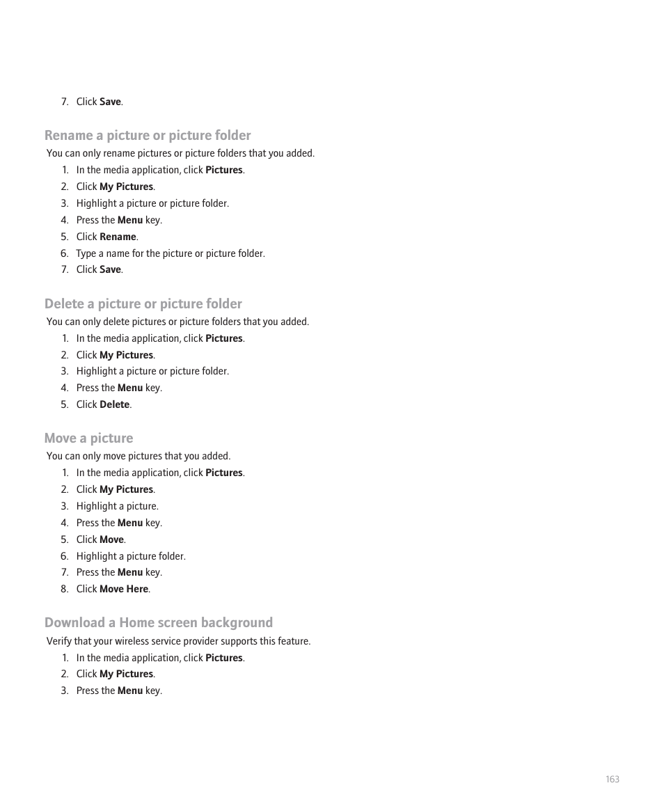 Rename a picture or picture folder, Delete a picture or picture folder, Move a picture | Download a home screen background | Blackberry 8120 User Manual | Page 165 / 302