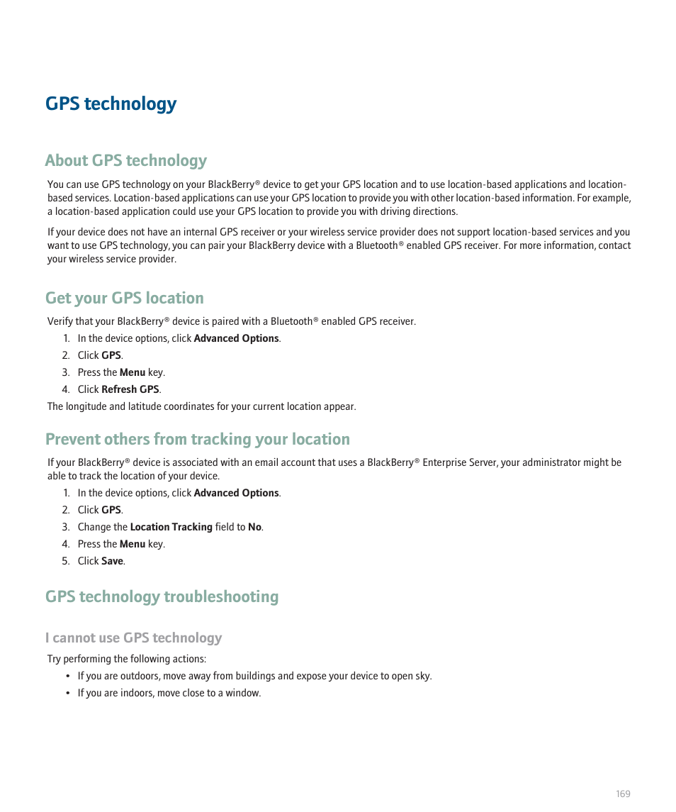Gps technology, About gps technology, Get your gps location | Prevent others from tracking your location, Gps technology troubleshooting | Blackberry 8120 User Manual | Page 171 / 302