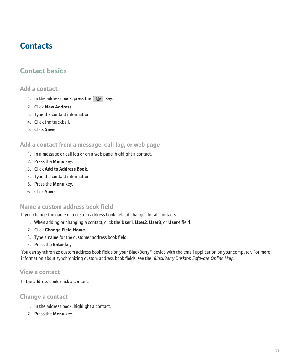 Contacts, Contact basics, Add a contact | Name a custom address book field, View a contact, Change a contact | Blackberry 8120 User Manual | Page 173 / 302