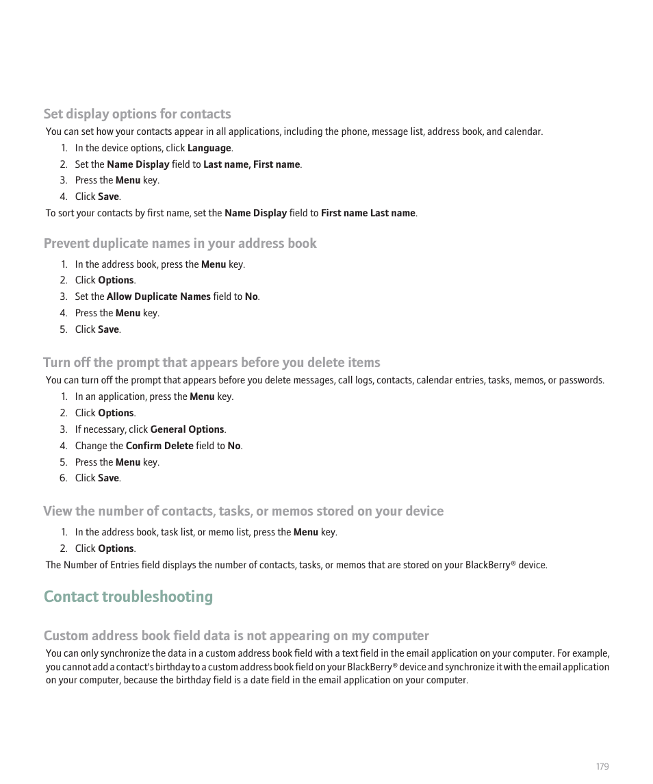 Contact troubleshooting, Set display options for contacts, Prevent duplicate names in your address book | Blackberry 8120 User Manual | Page 181 / 302