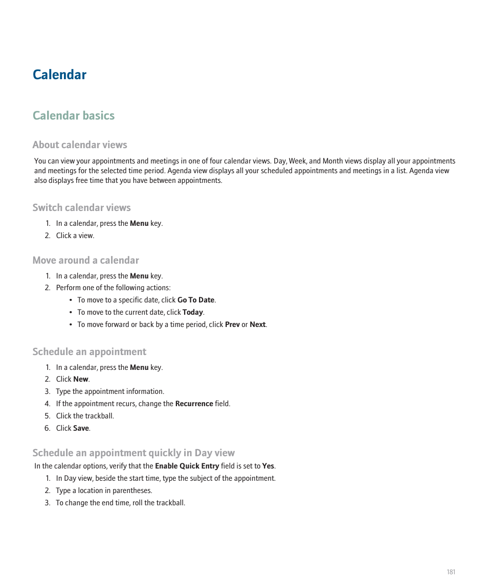 Calendar, Calendar basics, About calendar views | Switch calendar views, Move around a calendar, Schedule an appointment, Schedule an appointment quickly in day view | Blackberry 8120 User Manual | Page 183 / 302