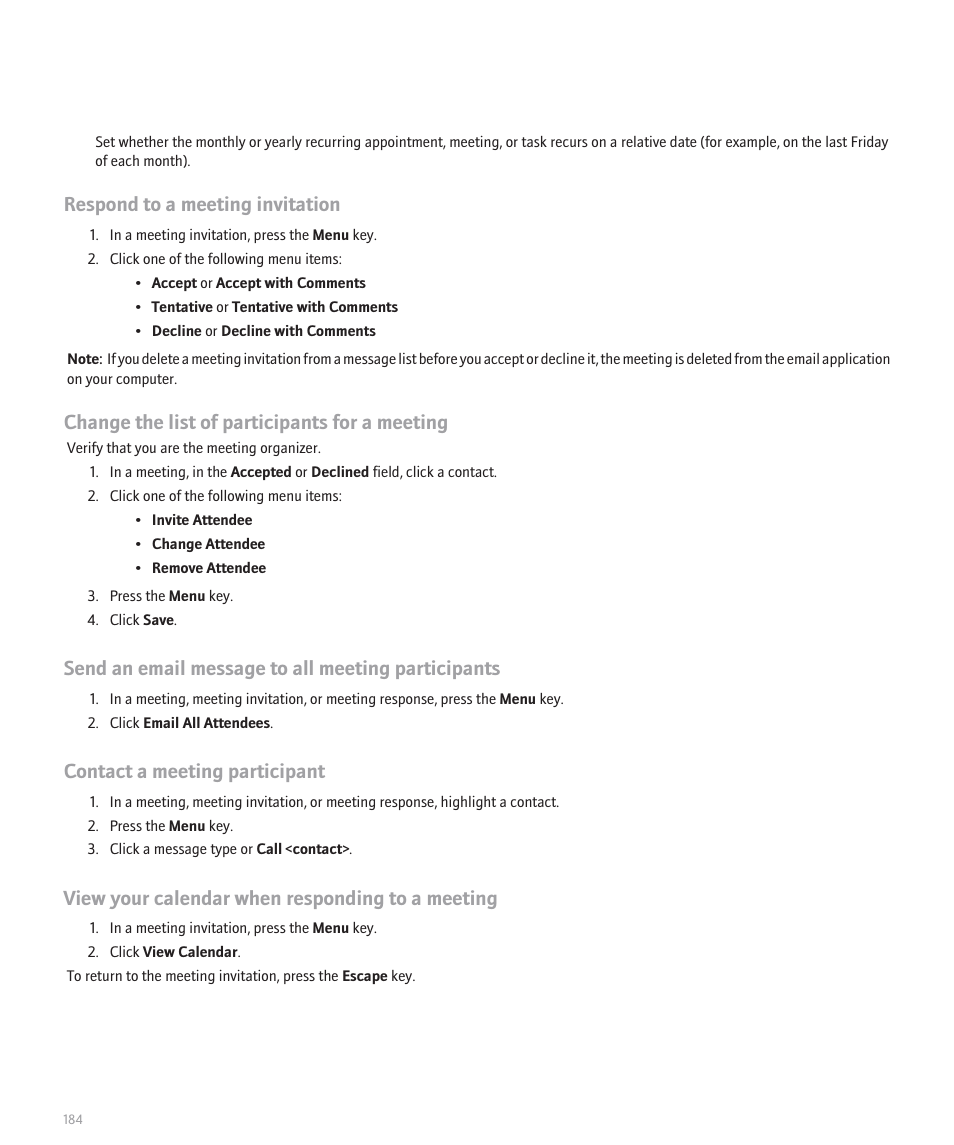 Respond to a meeting invitation, Change the list of participants for a meeting, Send an email message to all meeting participants | Contact a meeting participant, View your calendar when responding to a meeting | Blackberry 8120 User Manual | Page 186 / 302