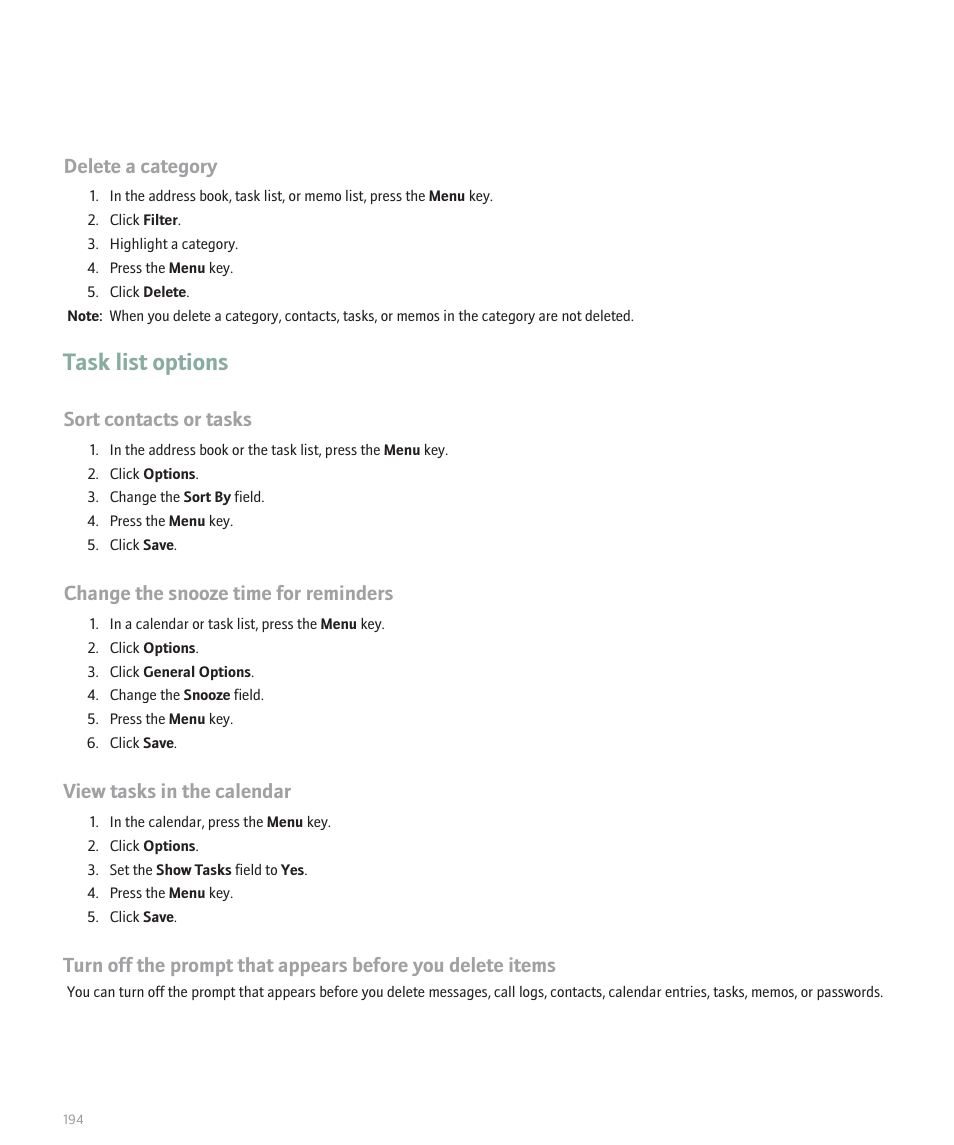 Task list options, Delete a category, Sort contacts or tasks | Change the snooze time for reminders, View tasks in the calendar | Blackberry 8120 User Manual | Page 196 / 302