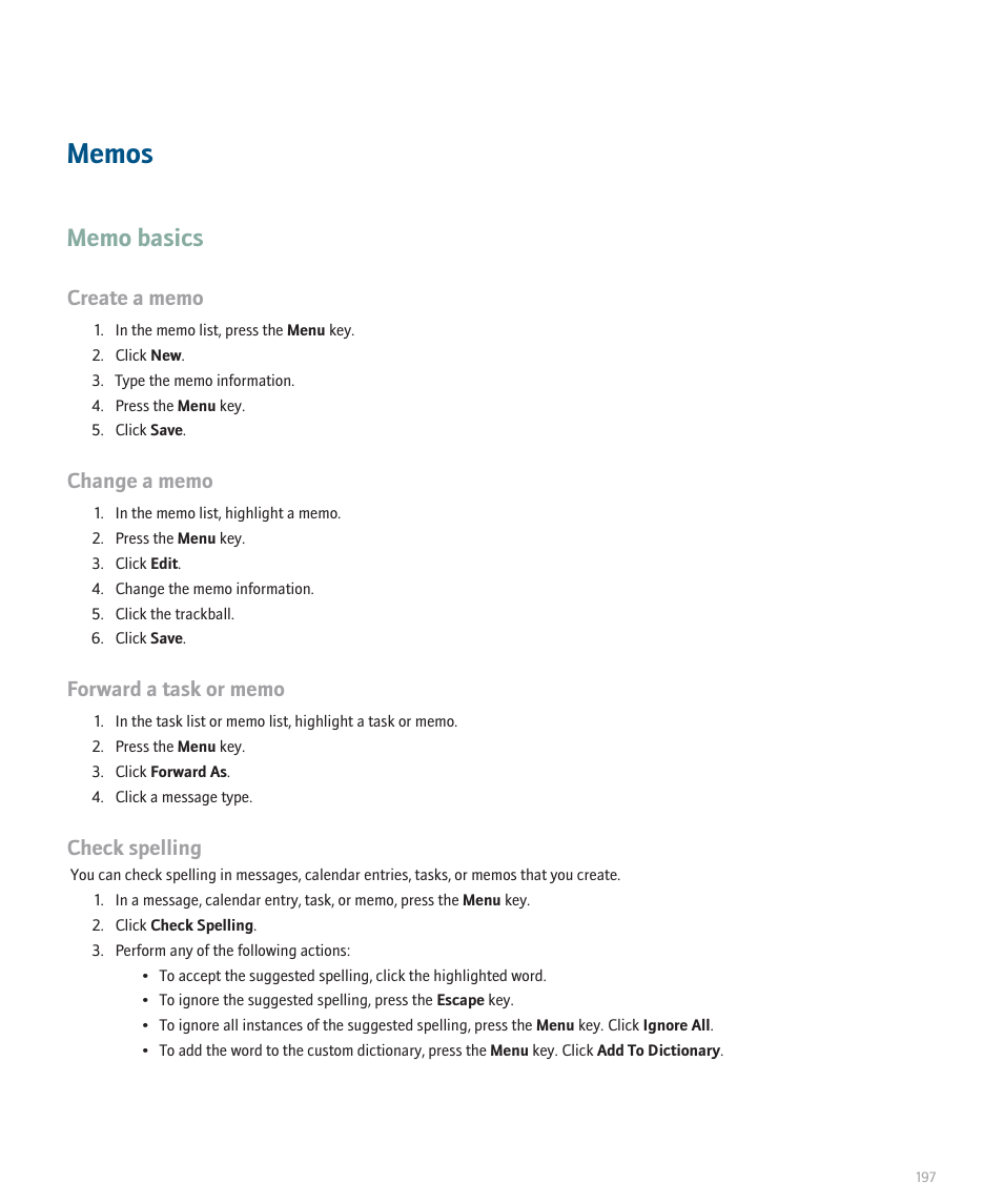 Memos, Memo basics, Check spelling | Blackberry 8120 User Manual | Page 199 / 302