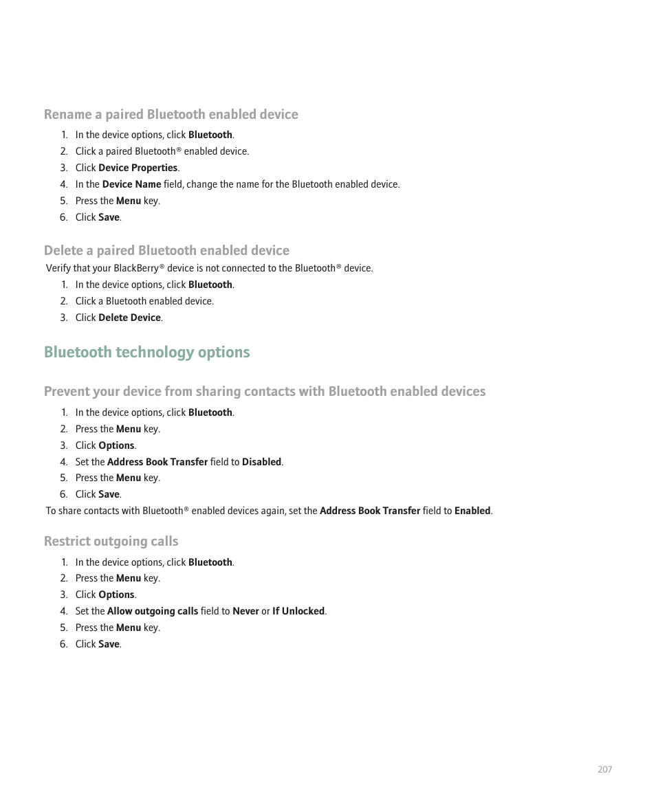 Bluetooth technology options, Rename a paired bluetooth enabled device, Delete a paired bluetooth enabled device | Restrict outgoing calls | Blackberry 8120 User Manual | Page 209 / 302